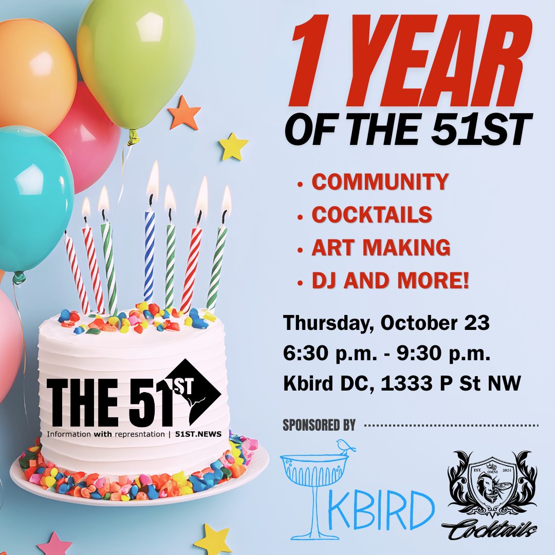 advertisement showing a birthday cake with "The 51st" on it - "1 year of the 51st" is sponsored by Kbird and Omni Cocktails