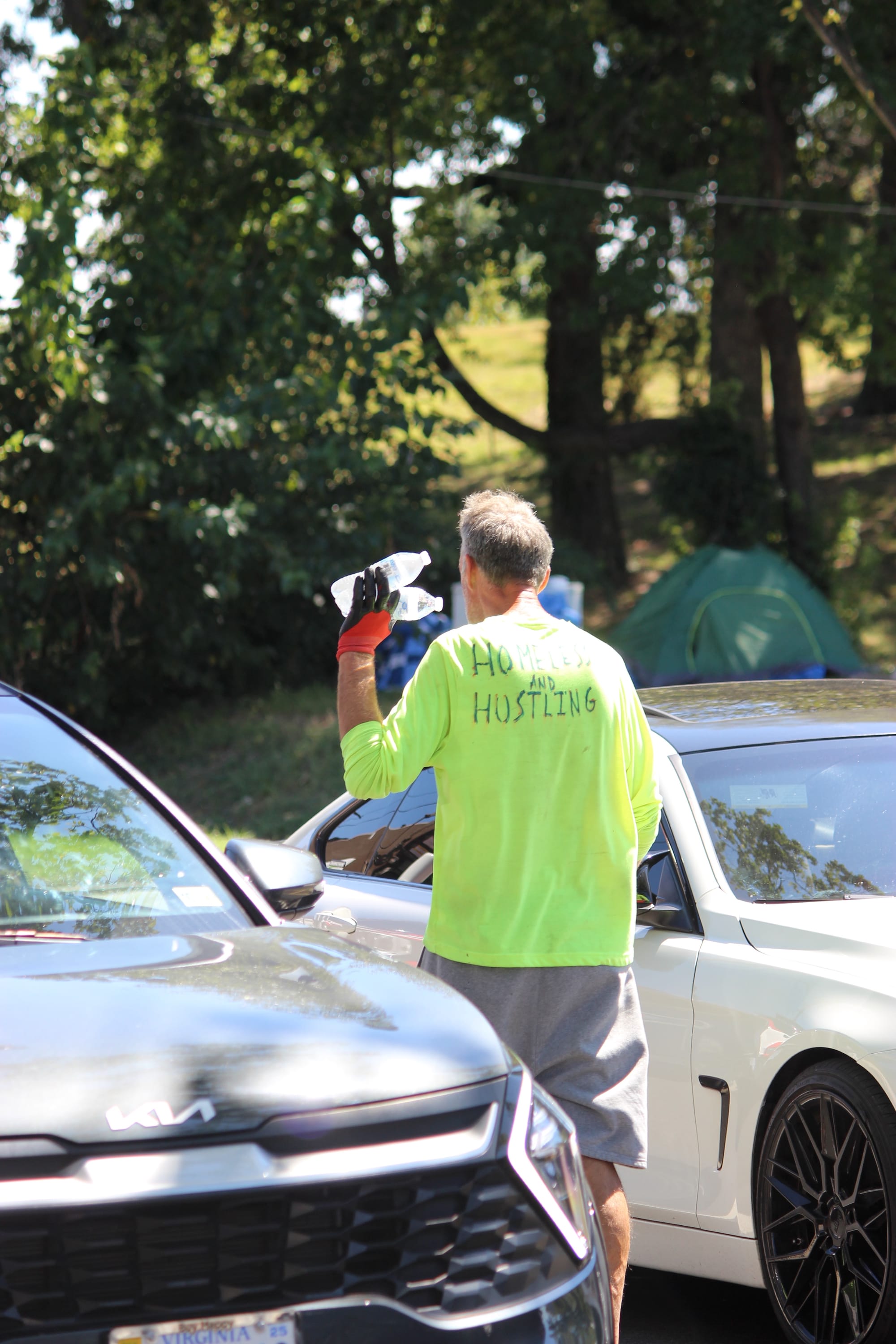 A man in a shirt that reads 